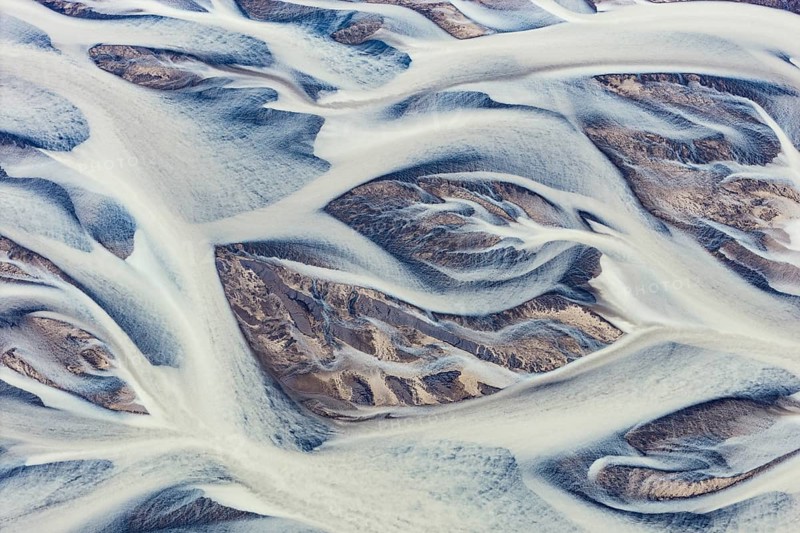 Branching course of a glacial river, abstract structures, South Iceland, Iceland