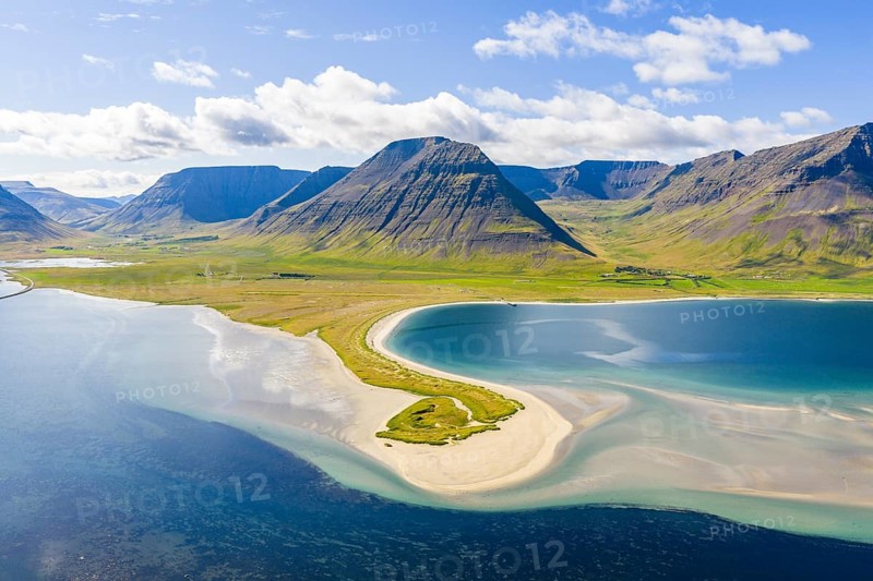 Fjord with sandy beach and mountains, Westfjords, West Iceland, Iceland