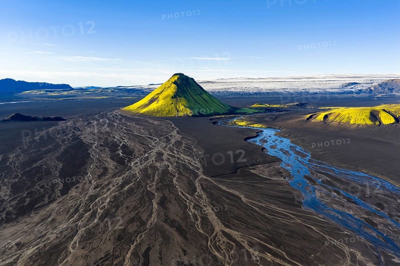 Moss-covered mountain Mælifell, Maelifell, behind glacier Myrdalsjökull, Icelandic Highlands, Iceland