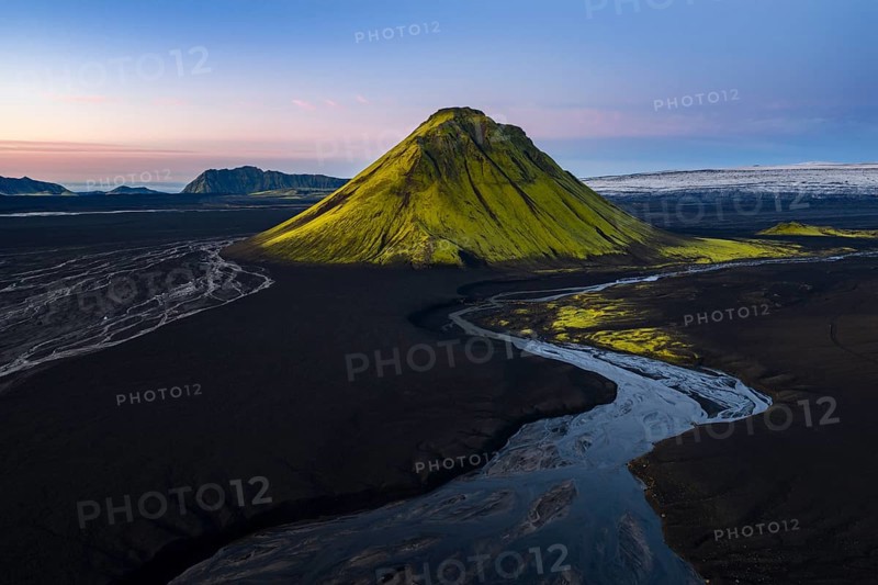 Moss-covered mountain Mælifell, Maelifell, behind glacier Myrdalsjökull, Icelandic Highlands, Iceland
