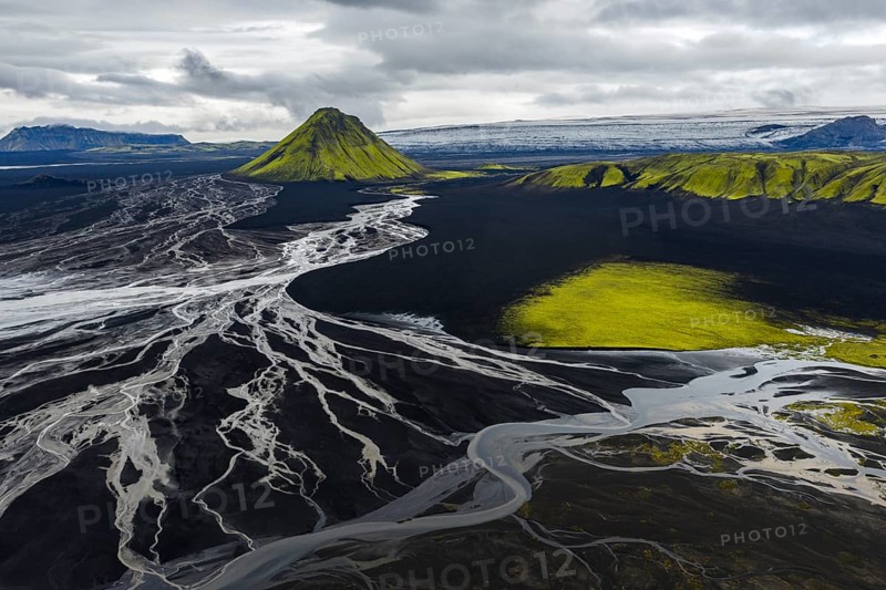 Moss-covered mountain Mælifell, Maelifell, behind glacier Myrdalsjökull, Icelandic Highlands, Iceland