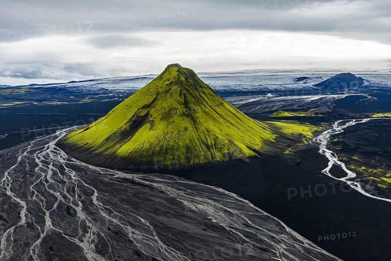 Moss-covered mountain Mælifell, Maelifell, behind glacier Myrdalsjökull, Icelandic Highlands, Iceland