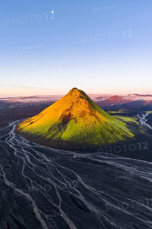 Moss-covered mountain Mælifell, Maelifell, behind glacier Myrdalsjökull, Icelandic Highlands, Iceland