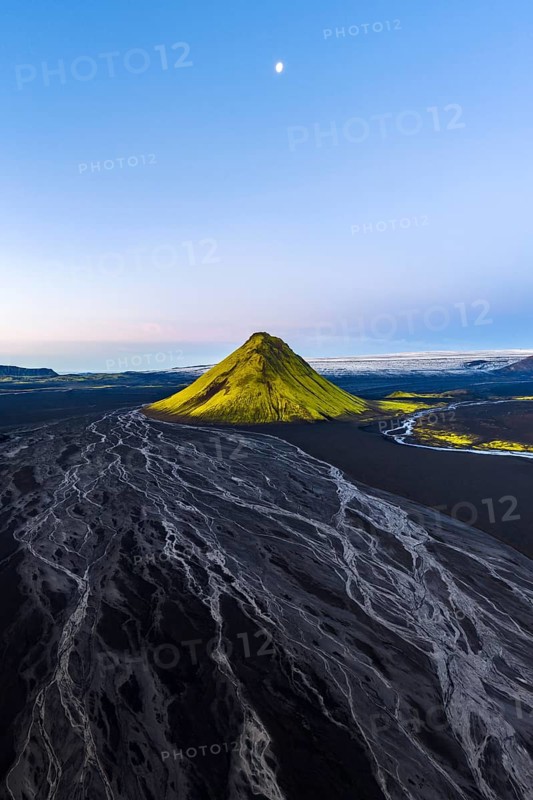 Moss-covered mountain Mælifell, Maelifell, behind glacier Myrdalsjökull, Icelandic Highlands, Iceland