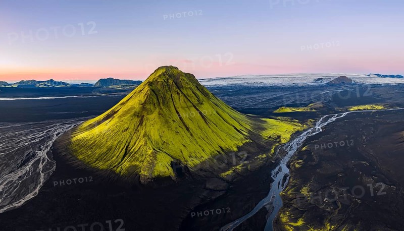 Moss-covered mountain Mælifell, Maelifell, behind glacier Myrdalsjökull, Icelandic Highlands, Iceland