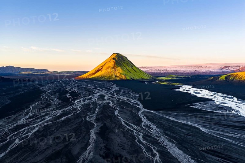 Moss-covered mountain Mælifell, Maelifell, behind glacier Myrdalsjökull, Icelandic Highlands, Iceland