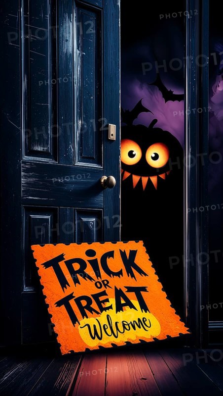 Spooky Halloween door with a welcoming sign reading trick or treat and playful cute pumpkin monster with glowing orange eyes lurking, silhouettes of bats flying in the purple sky in the background. AI generated