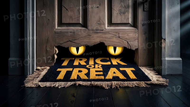Worn wooden door with glowing monster eyes behind a tattered welcome mat that reads trick or treat during Halloween celebration. AI generated