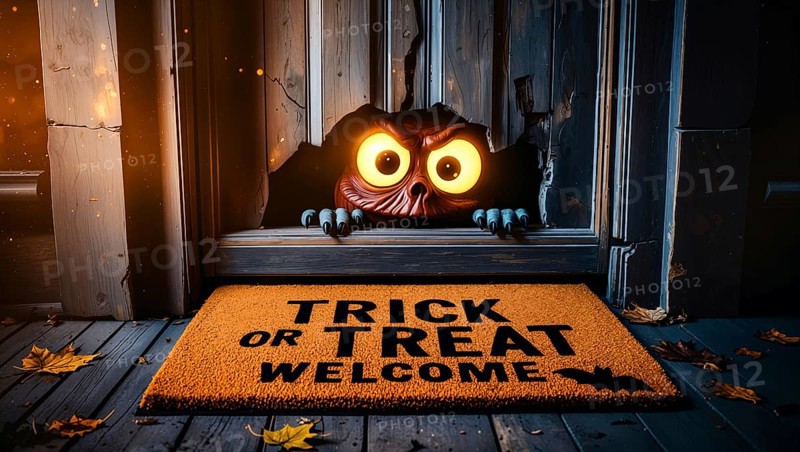 An eerie wooden door revealing a monster with yellow glowing eyes peeking through a hole. A trick or treat welcome mat on the floor, enhancing the Halloween atmosphere. AI generated
