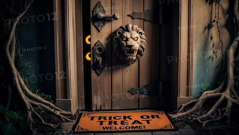 Two bright yellow eyes peer out from the wooden door with a lion knocker, waiting for trick or treaters on Halloween night. Door mat with trick or treat text in front of the door, the door surrounded by tree roots. AI generated
