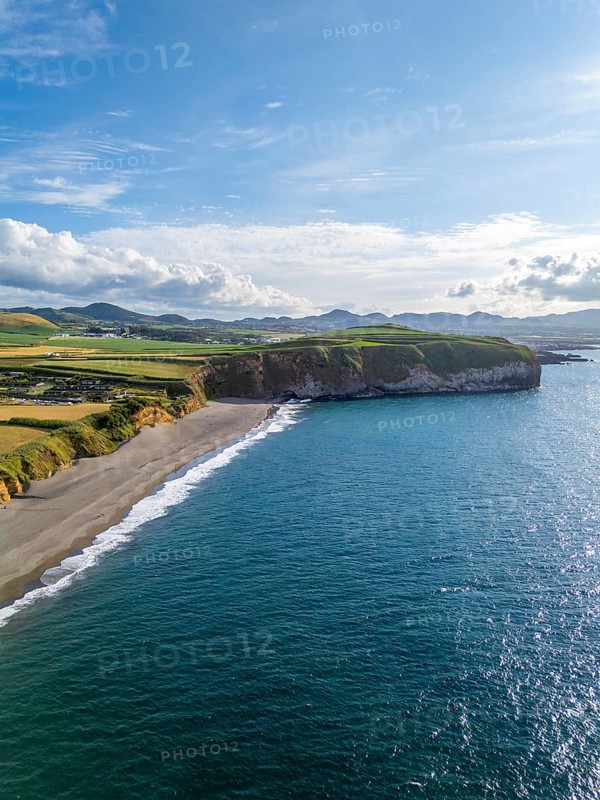 Areal de Santa Barbara Beach and Atlantic Ocean on Sunny Day. Azores, Sao Miguel Island. Portugal. Aerial View