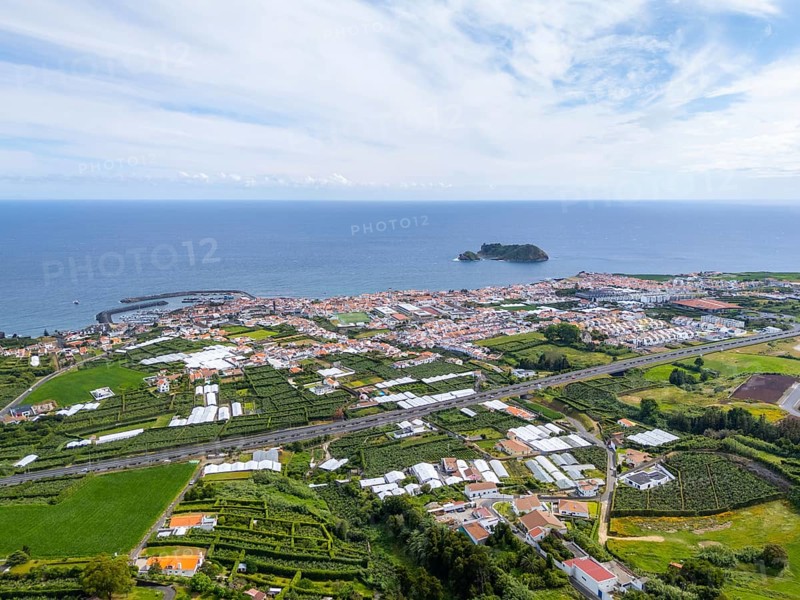 Vila Franca Do Campo Town, Vila Franca Islet and Atlantic Ocean. Azores, Sao Miguel Island, Portugal. Aerial View