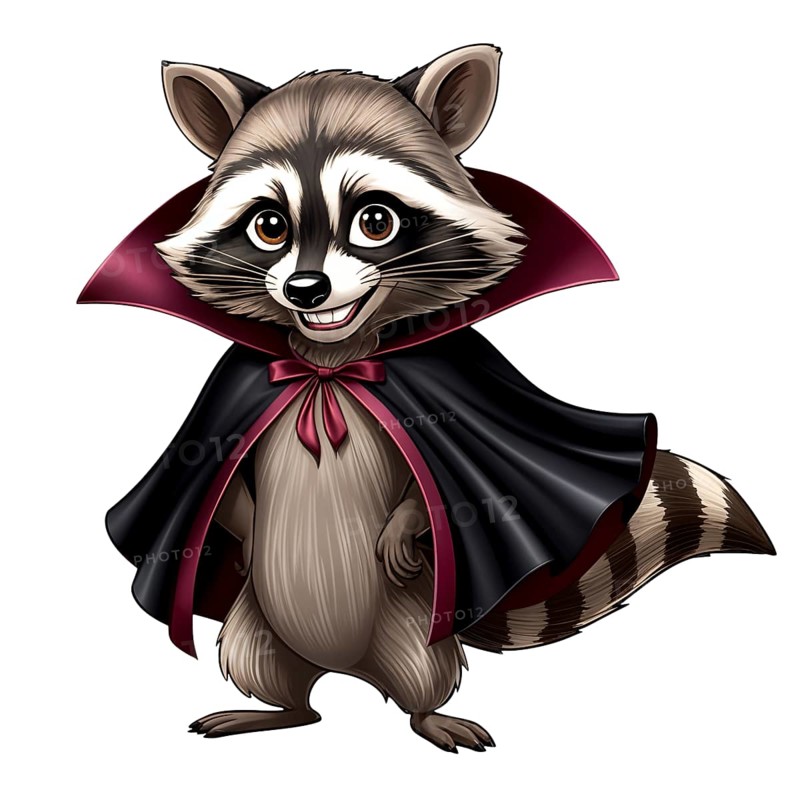 Cartoon raccoon with a black and red vampire cape, smiling and animated. AI generated
