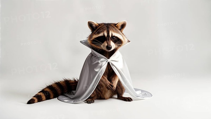 Raccoon dressed as a ghost for a Halloween party, wearing a white cloak with a small bow, against a neutral background. AI generated