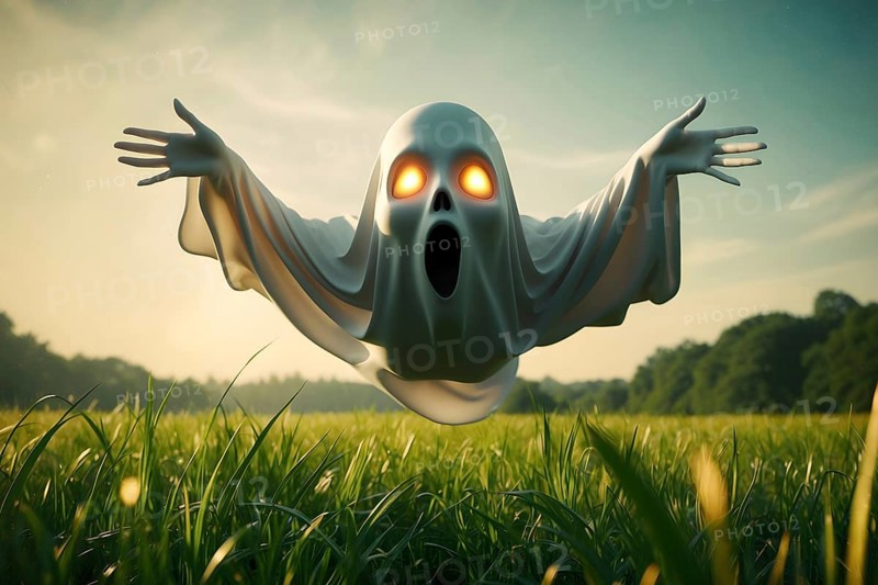 A scary ghost with glowing eyes floats over a grassy field at dusk, creating an eerie atmosphere, sunset sky, forest in background. AI generated