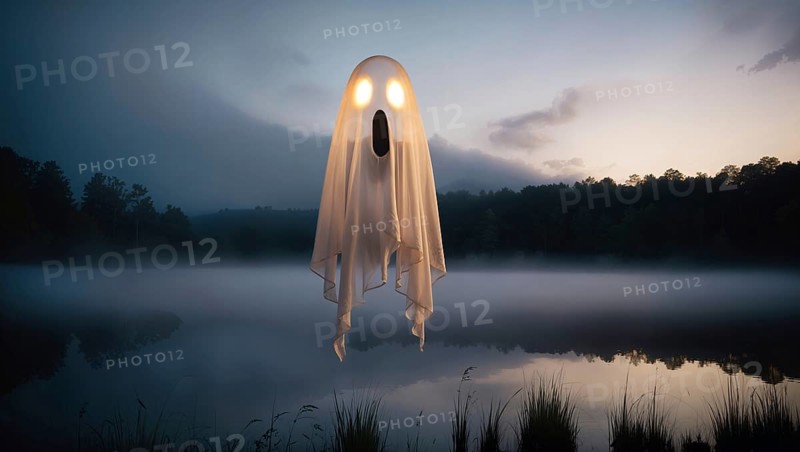 A ghost with glowing eyes hovers above a calm lake on Halloween night. Mist rolls over the water as the last light of day fades, creating an eerie atmosphere. AI generated