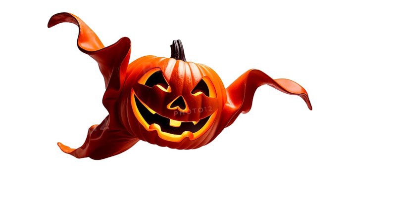 A cheerful jack-o'-lantern with a friendly grin and swaying ghostly drapes floats in the air on white background. It embodies the fun and excitement of Halloween celebrations. AI generated