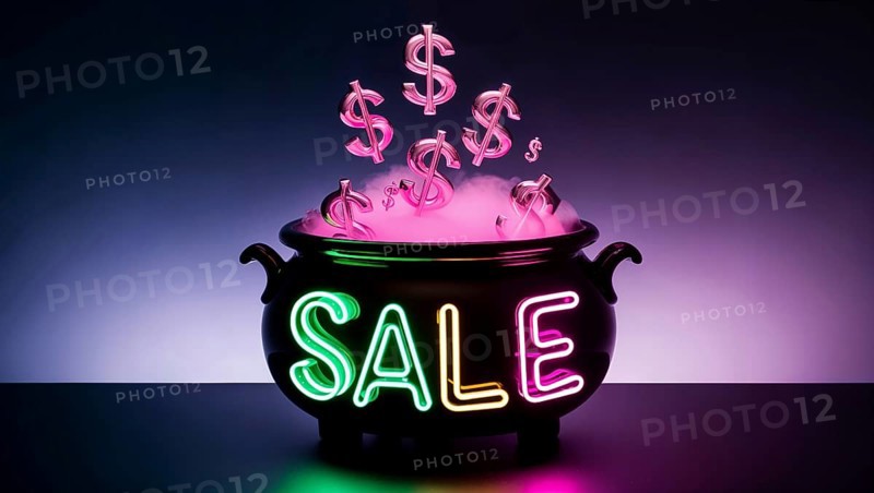 A black cauldron emits a colorful neon sale sign while dollar signs magically rise from the bubbling potion inside, creating a whimsical atmosphere of retail excitement. AI generated