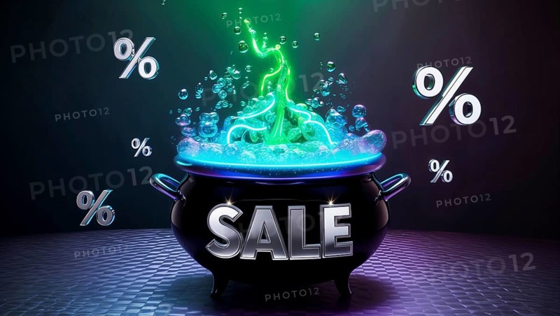 A black cauldron bubbles with a glowing potion, surrounded by animated percent signs. A shiny sale sign captures attention in a mystical atmosphere, perfect for shopping excitement. AI generated