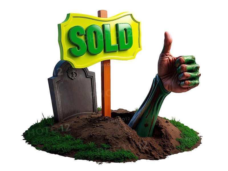 Humorous 3D cartoon illustration of a zombie hand giving thumbs up from the ground next to a grave and tombstone, with a bright sold sign stuck in grave, isolated white background. Creative Halloween real estate metaphor. AI generated