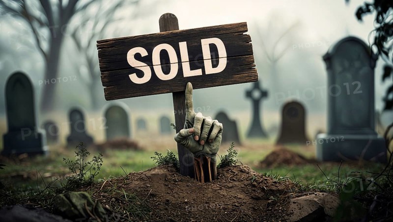 Zombie hand emerging from the ground points to a sold sign on a gravestone in a cemetery. Surrounding tombstones add to the eerie mood during twilight. Creative real estate metaphor for Halloween celebration or sale offers promotion. AI generated