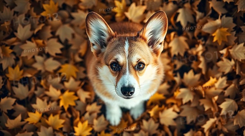 Cute corgi puppy sitting on fallen autumn leaves, looking up, top view from above. AI generated