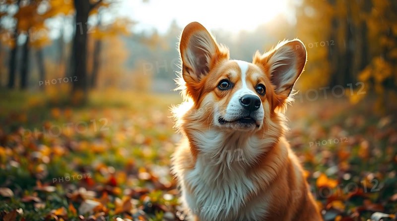 Welsh corgi sitting in a vibrant autumn park with gentle rain and warm colors, bokeh background with copy space. AI generated