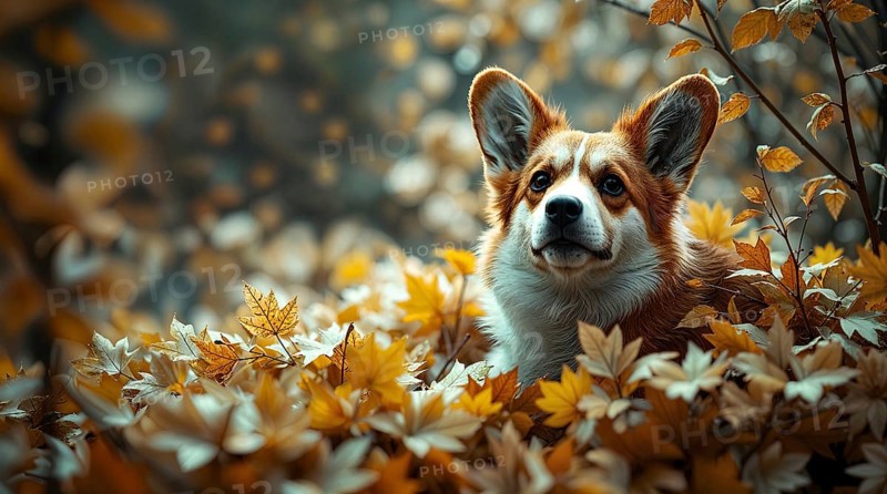 A corgi rests comfortably among an array of pale autumn leaves, surrounded by warm colors in a peaceful woodland. Soft sunlight filters through the trees, enhancing the tranquil atmosphere. AI generated