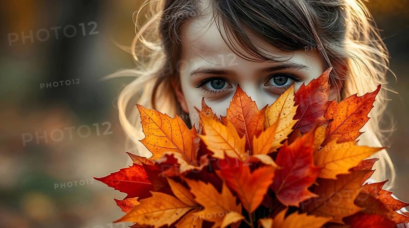 Girl stands in a park, obscuring her face with a bright bouquet of autumn leaves, copy space. AI generated