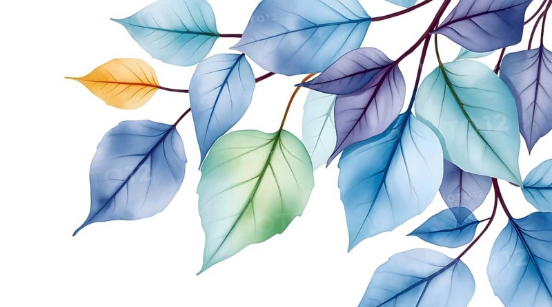 Delicate watercolor painting of an autumn leaves on branch in cool colors on white background. AI generated
