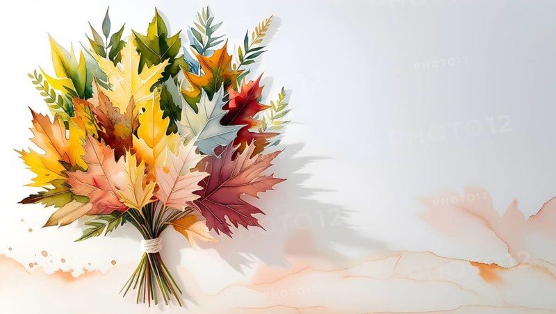 Painted bouquet of colorful autumn leaves in hues of red, orange, yellow, and green, watercolor painting style, white background with paint washes. AI generated