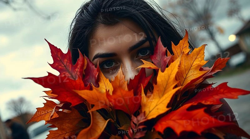 In a picturesque autumn setting, a young woman with olive skin peeks through a bouquet of vivid leaves. The warm colors contrast beautifully with the stormy sky, enhancing the seasonal mood. AI generated
