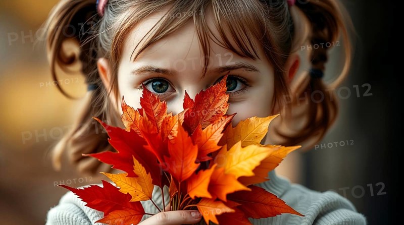 In a serene outdoor setting, a little girl with pigtails cherishes a vibrant bouquet of autumn leaves, bringing the beauty of the season close to her face. Warm colors create a cozy atmosphere. AI generated