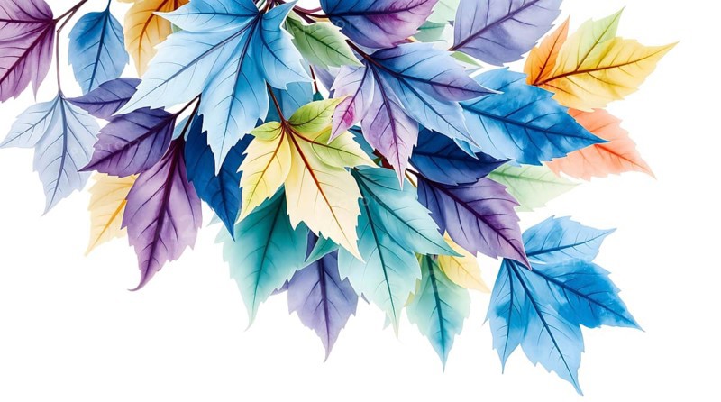 Delicate watercolor artwork featuring a bouquet of autumn leaves showcasing vibrant blues, greens, and purples against a clean white backdrop, highlighting the gentle beauty of the season. AI generated