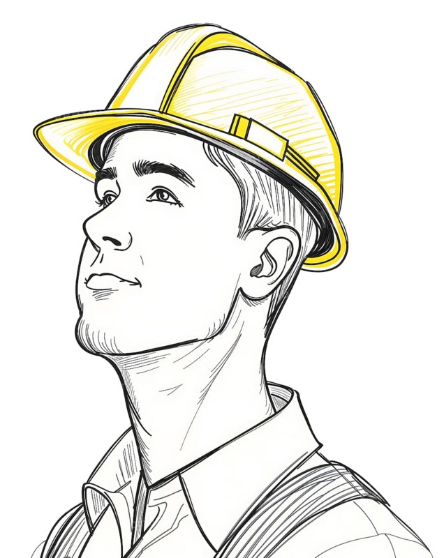Hand-drawn pencil sketch of a construction worker wearing a yellow hard hat. The worker is looking up, showcasing a focused expression against a white background. AI generated