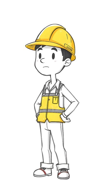 Cartoonish construction worker boy in a yellow hard hat and vest is depicted standing with hands on hips. The character appears thoughtful and ready for work, against a white background. AI generated
