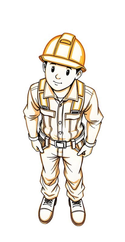 A cartoon construction worker, wearing a yellow safety hat and sturdy clothing, stands with hands at his sides, sketch style. AI generated