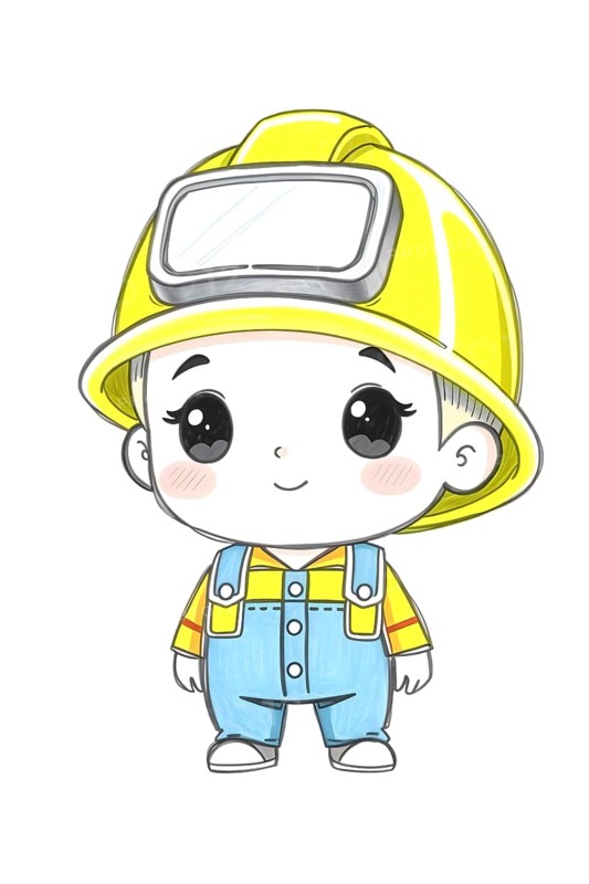 An adorable baby construction worker with a yellow hard hat is depicted in a full-length pencil sketch on white background. AI generated
