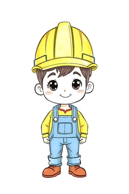 Hand-drawn pencil sketch of an adorable cartoon construction worker wearing a yellow hard hat and overalls, white background. This charming character is perfect for projects aimed at children or construction themes. AI generated
