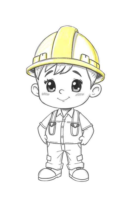 Isolated cartoon little boy contractor stands with his hands on his hips in pencil sketch style with a yellow hard hat, white background. AI generated
