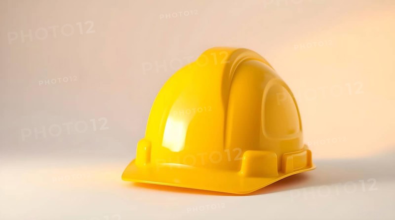 A bright yellow construction hard hat sits against a light background, illuminated by studio lighting that casts a gentle shadow, showcasing its smooth surface and design details. AI generated