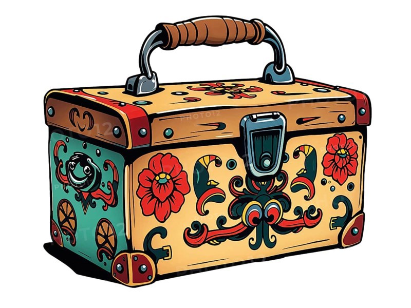 Cartoon vintage toolbox featuring vibrant colors and intricate retro floral design. AI generated