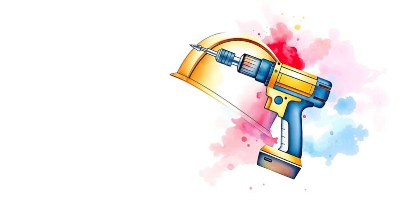 Vibrant watercolor artwork showcases a construction helmet alongside a drill. The composition allows for branding space, making it ideal for workshop promotions or signage. AI generated