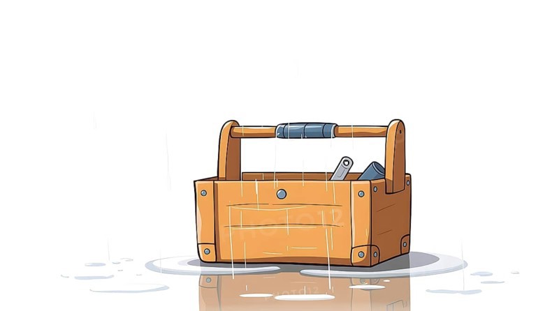 A cartoon wooden toolbox in a puddle is opened on a white background, showing various tools as rain drizzles down. The reflective surface enhances the wet atmosphere, creating a vivid contrast. AI generated