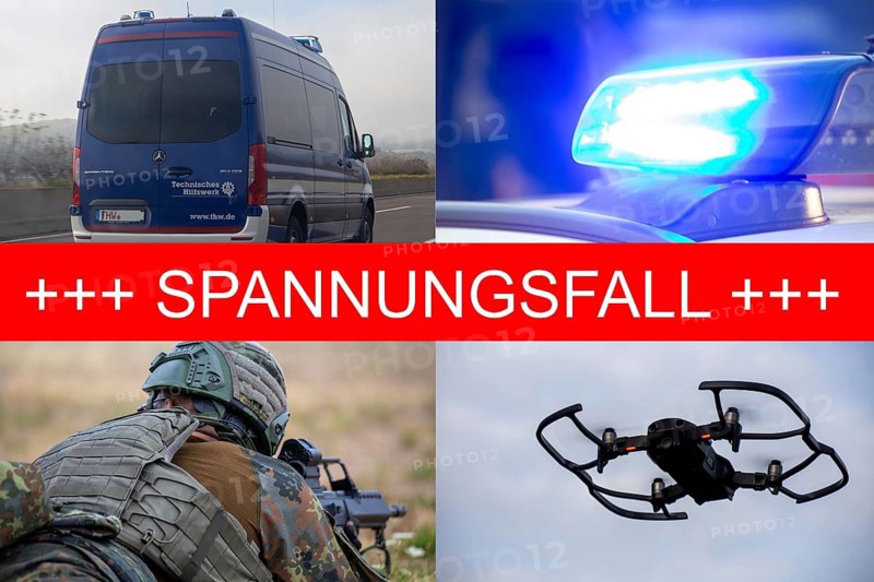 Tension case Symbolic image: lettering TENSION CASE on a photo collage with THW vehicle, blue light, Bundeswehr soldier and drone