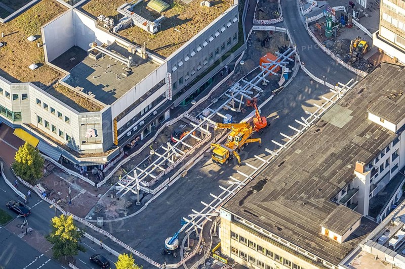 Aerial view, construction site Westentor am City-Center, federal road 63 Westring, centre, Hamm, Ruhr area, North Rhine-Westphalia, Germany, workplace, architecture, view, cars, construction, construction work, construction area, construction site, building plots, construction project, construction projects, construction site, federal road 63, City-Center, DE, development, renewal, Europe, progress, building, commercial, commercial area, infrastructure, engineering, construction, crane, aerial view, aerial photography, aerial photography, machinery, modernisation, city view, city centre, road construction, overview, traffic, bird's eye view, Westentor, Westring, clouds, birds-eyes view, overview, urban