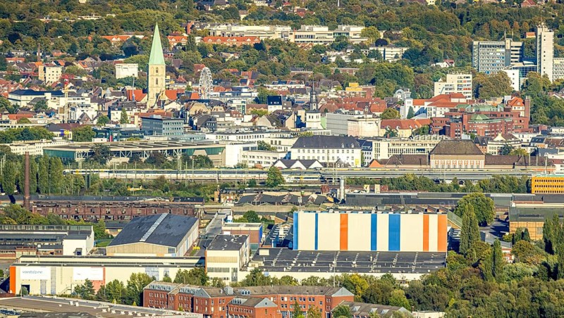 Aerial view, harbour with Voestalpine Boeler and view to the city with St. Paul's Church, district Herringen, Hamm, Ruhr area, North Rhine-Westphalia, Germany, place of worship, DE, Europe, religious community, place of worship, harbour, harbour area, harbour area, holy place, church, church community, denomination, aerial view, aerial photography, aerial photography, religion, religious site, overview, bird's-eye view, overview