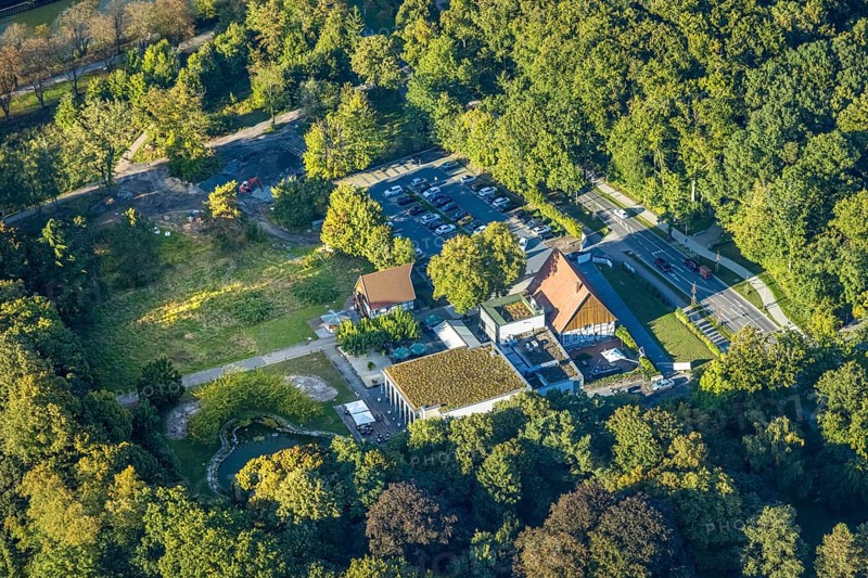 Aerial view, TusÃƒÂª Altes Fährhaus Restaurant, Uentrop, Hamm, Ruhr area, North Rhine-Westphalia, Germany, outdoor catering, beer garden, café, DE, food and drink, Europe, inn, restaurant, gastronomy, aerial photography, aerial photography, aerial photography, restaurant, parasols, overview, bird's eye view, overview