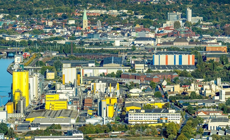 Aerial view, harbour with Brökelmann oil mill and view to the city with St. Paul's church, district Herringen, Hamm, Ruhr area, North Rhine-Westphalia, Germany, place of worship, DE, Europe, religious community, place of worship, harbour, harbour area, harbour area, holy place, church, church community, denomination, aerial view, aerial photography, aerial photography, religion, religious site, overview, bird's eye view, birds-eyes view, overview