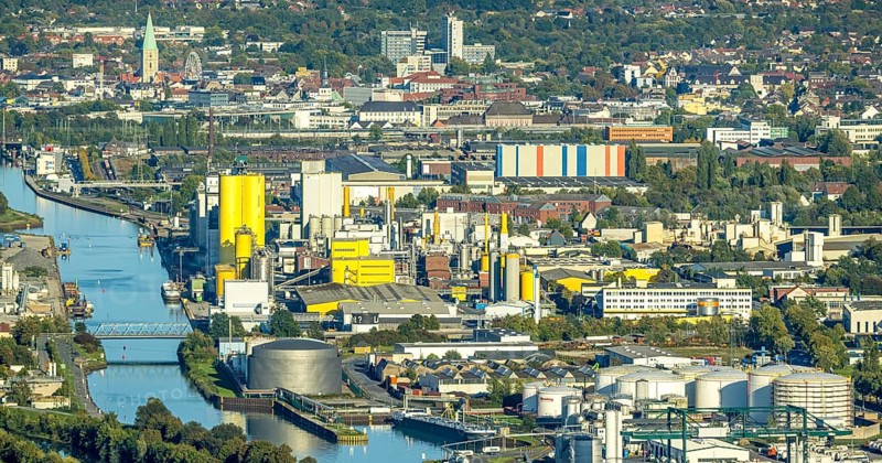 Aerial view, harbour with Voestalpine Boeler and view to the city with St. Paul's Church, district Herringen, Hamm, Ruhr area, North Rhine-Westphalia, Germany, place of worship, DE, Europe, religious community, place of worship, harbour, harbour area, harbour area, holy place, church, church community, denomination, aerial view, aerial photography, aerial photography, religion, religious site, overview, bird's-eye view, overview
